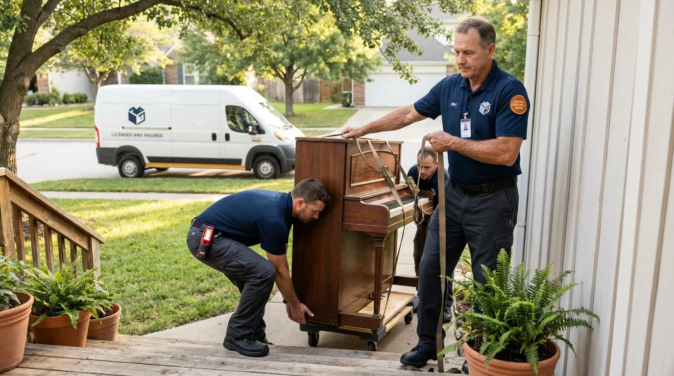 Licensed piano movers securing grand piano in Morristown, NJ