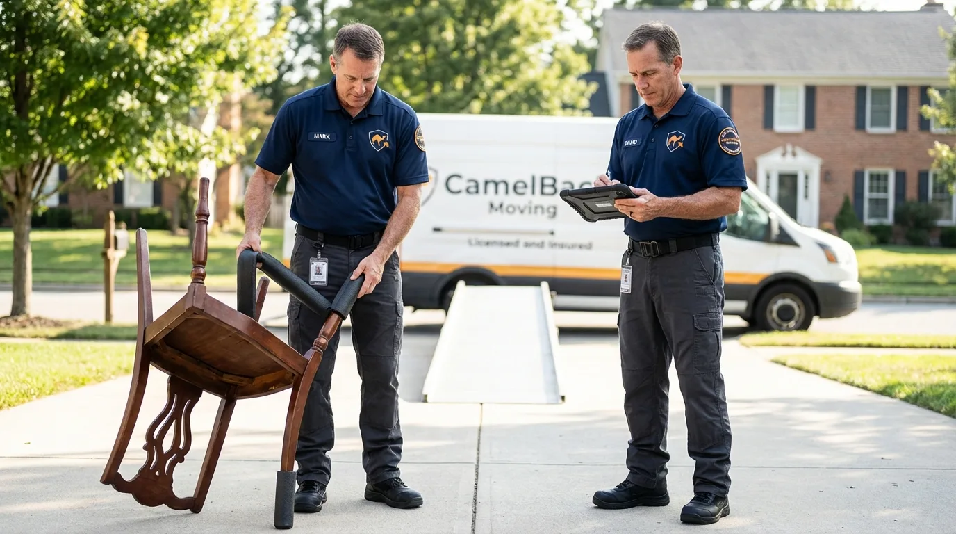 Movers inspecting furniture for damage prevention before loading in Morristown, NJ