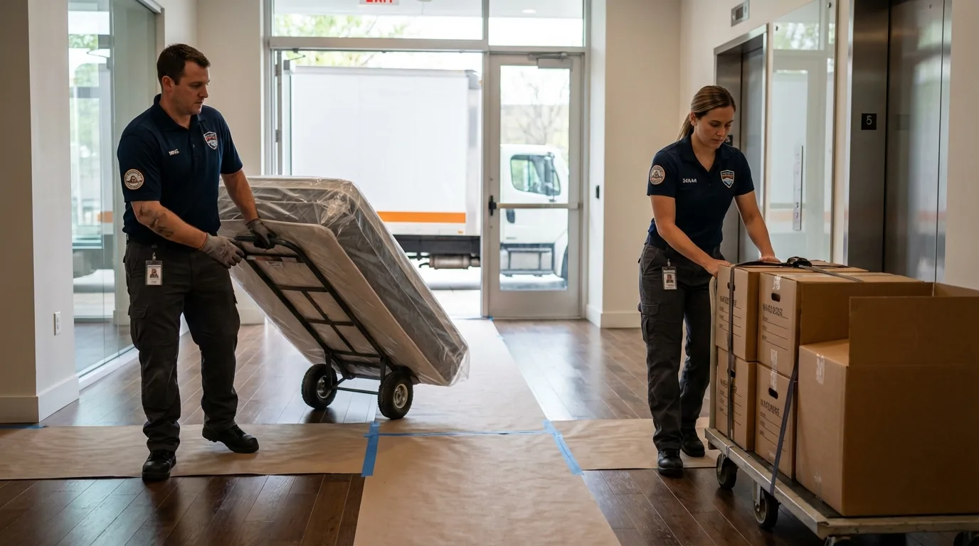 Professional apartment movers loading elevator in Morristown, NJ